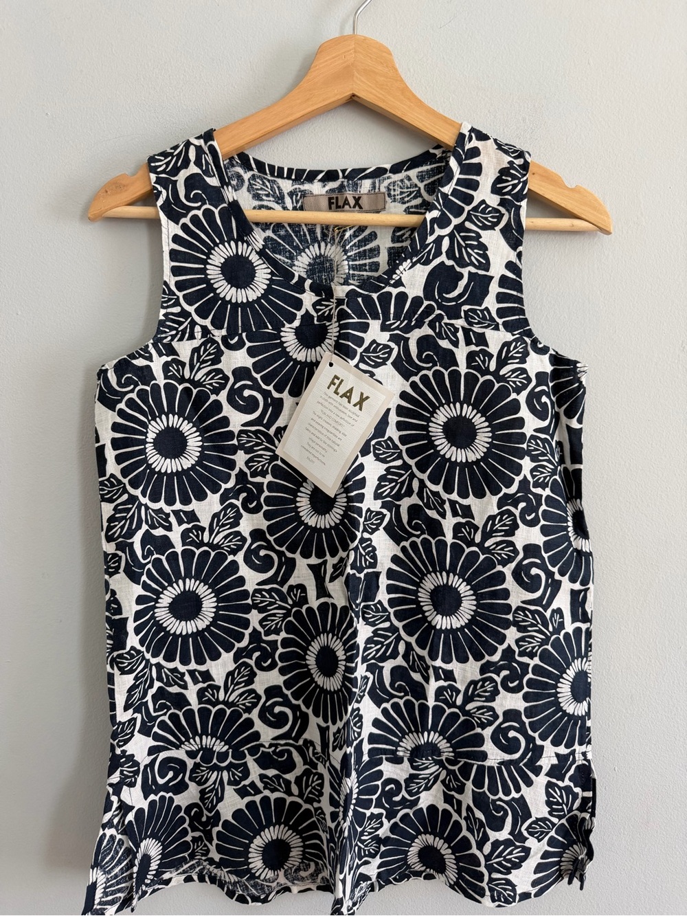 FLAX Women's 100% Linen Tank Top Blue Floral Print Size P 4-6 NWT